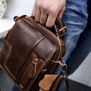 Mens Genuine Leather Messenger Bag Crossbody Shoulder Multi-Pocket Brown Coffee